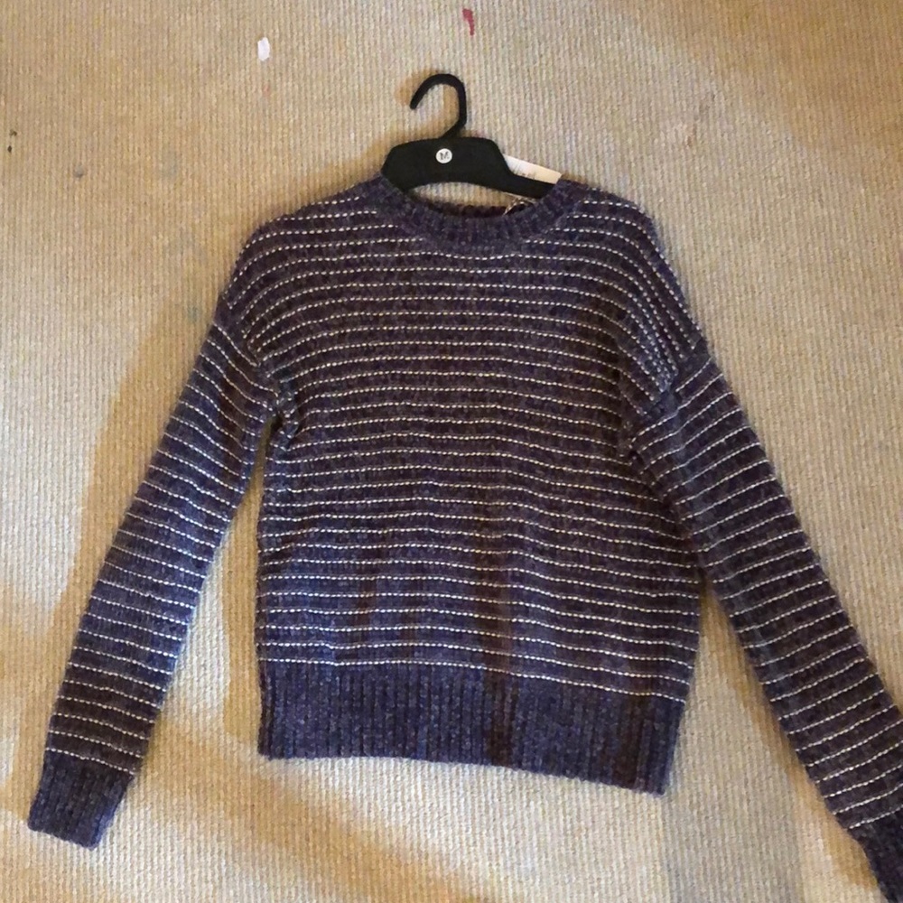 long sleeve dark grey sweater with sliver stripes